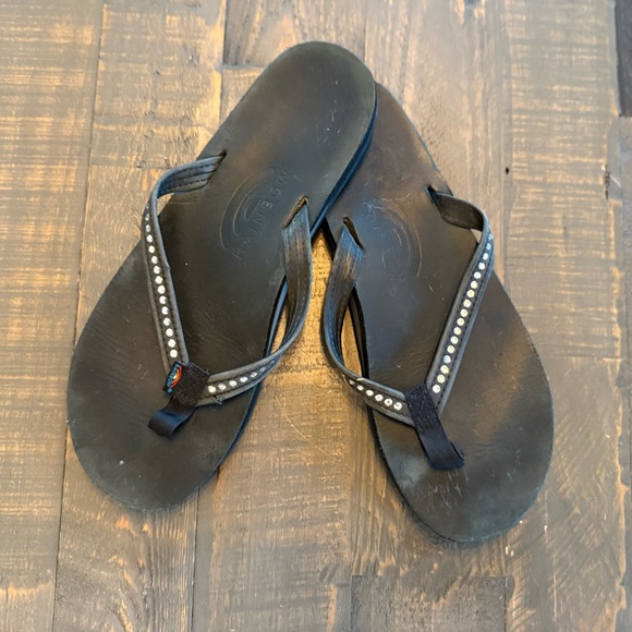 Rainbow Shoes - Rainbow Black Sandals with bling Accents size 9